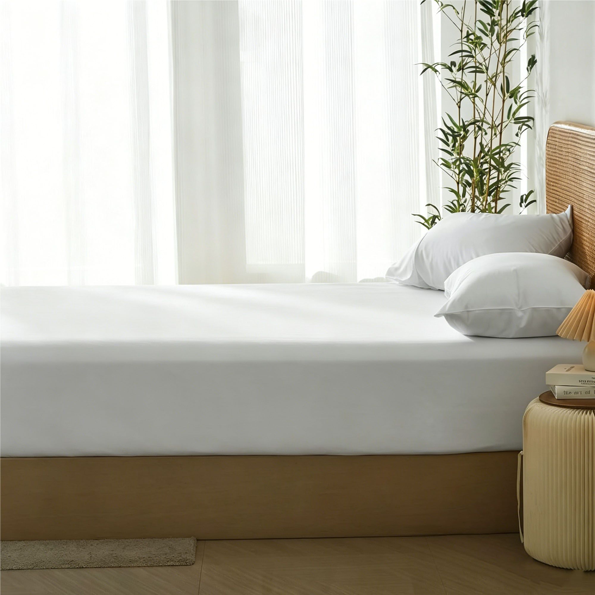 3 Piece Hotel Bamboo Cooling Fitted Sheet Set & Pillowcase -Ultra Soft 2000TC Breathable Fitted Bed Sheets Set with 37 Centimetre Deep Pocket-Cooling Sheets for Hot Sleepers(White,Queen)