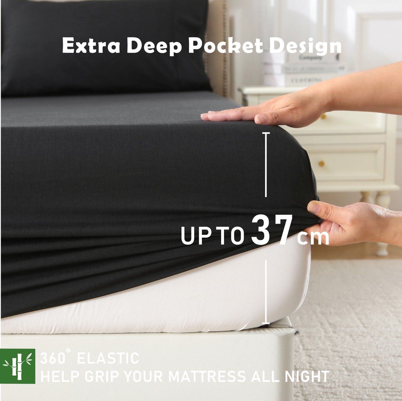 3 Piece Hotel Bamboo Cooling Fitted Sheet Set & Pillowcase -Ultra Soft 2000TC Breathable Fitted Bed Sheets Set with 37 Centimetre Deep Pocket-Cooling Sheets for Hot Sleepers(Black,Queen)