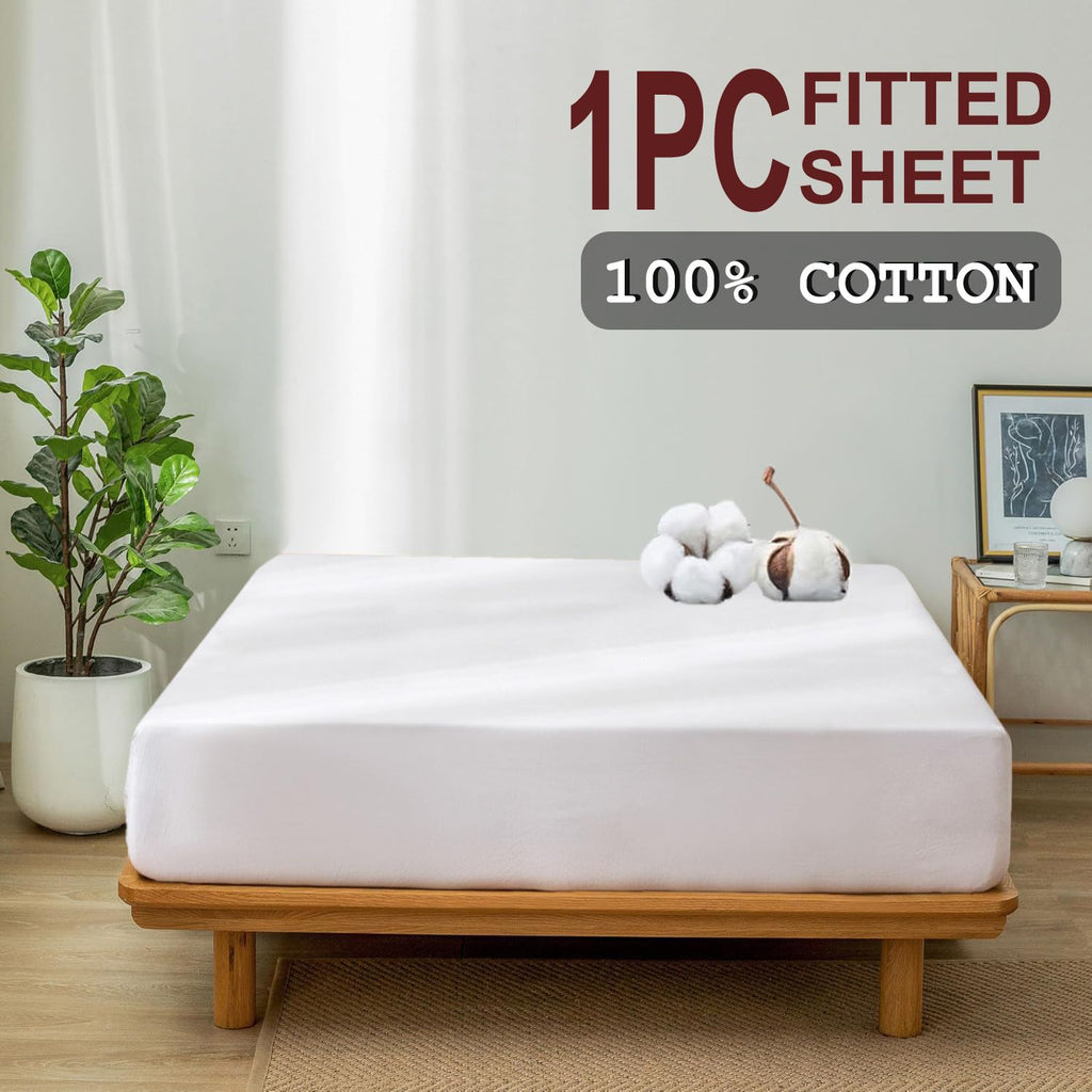 100% Cotton Fitted Sheet - Super Soft 40cm Deep Pocket Bottom Sheets - White Elastic Sheet（Double,White)
