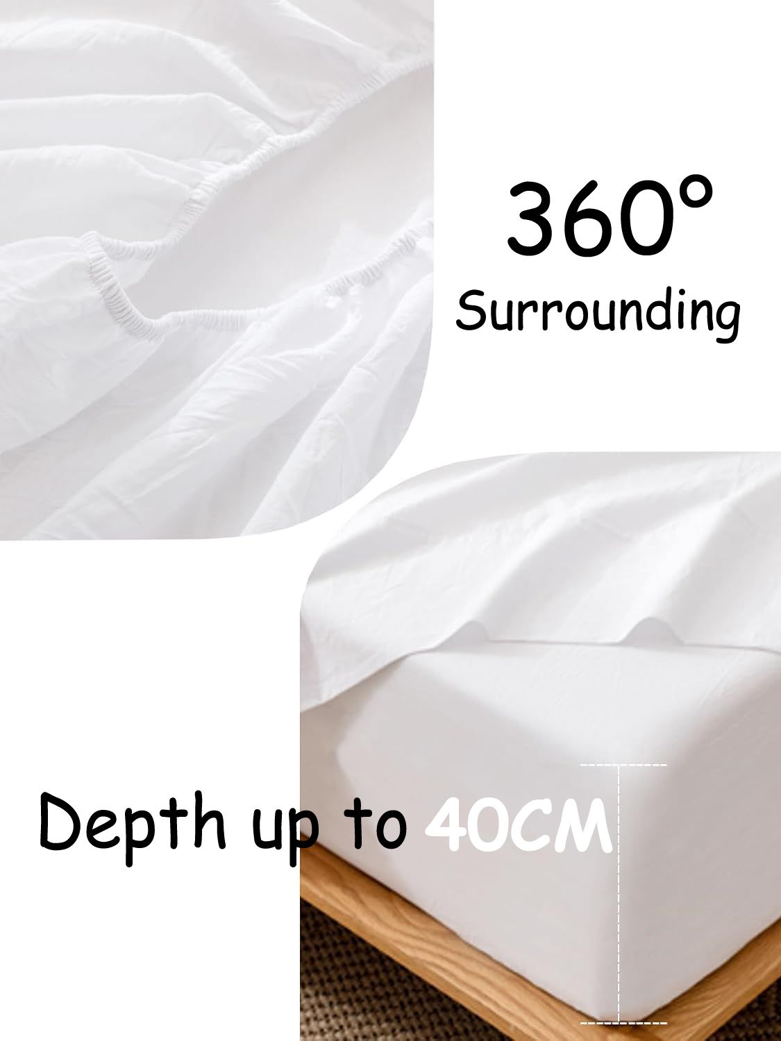 100% Cotton Fitted Sheet - Super Soft 40cm Deep Pocket Bottom Sheets - White Elastic Sheet（Double,White)