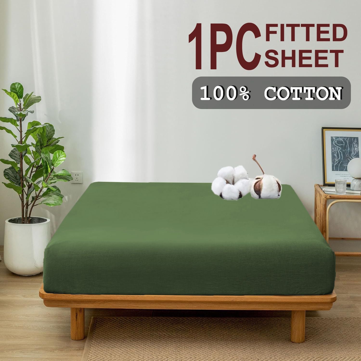 100% Cotton Fitted Sheet - Super Soft 40cm Deep Pocket Bottom Sheets - White Elastic Sheet（King,Olive green)