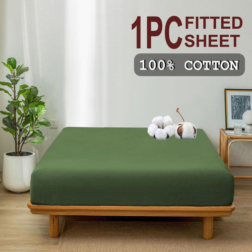 100% Cotton Fitted Sheet - Super Soft 40cm Deep Pocket Bottom Sheets - White Elastic Sheet（King,Olive green)