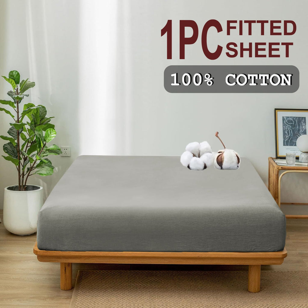 100% Cotton Fitted Sheet - Super Soft 40cm Deep Pocket Bottom Sheets - White Elastic Sheet（Single,Grey)