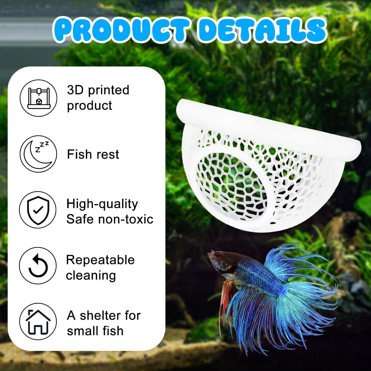 Floating Betta Hide & Shrimp Cave – 3D Printed Aquarium Hammock, Feeder & Rest Spot – Floating Betta Log & Cave Decor for Nano Tanks, Corydoras, Shrimp & Small Fish – Safe PLA, Patent Pending - Black - Size S