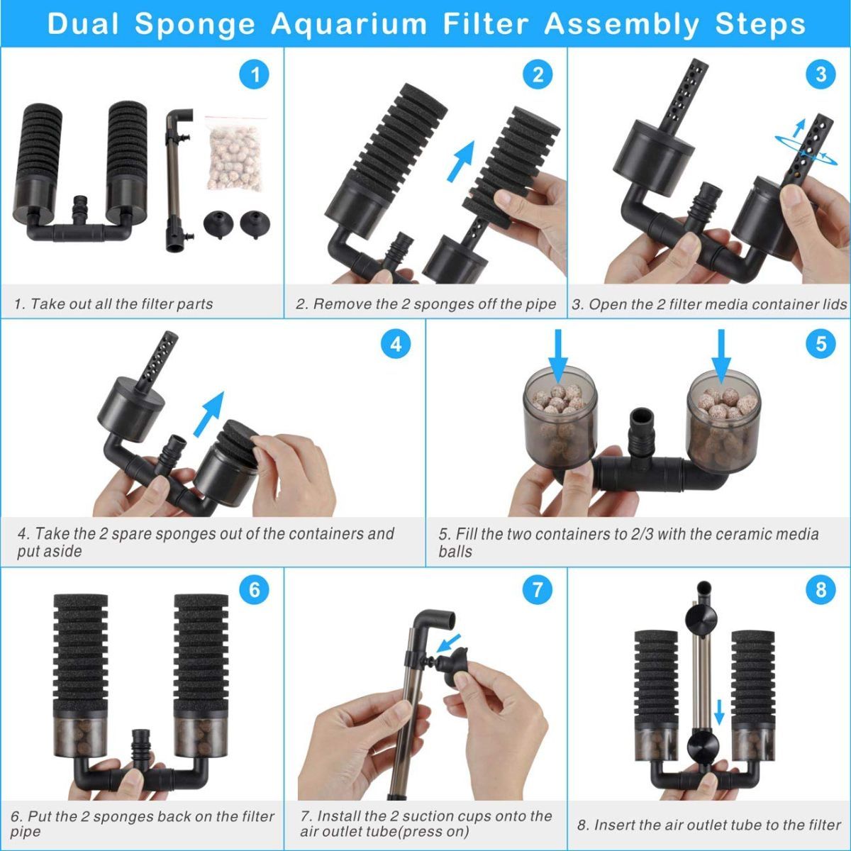 Aquarium Double Sponge Filter, Comes with 2 Spare Sponges - Black - Size M