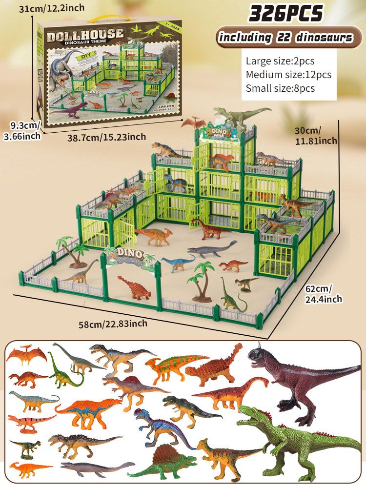 DIY Jurassic Theme Park Building Set for Kids, Creative Dinosaur Arena Toy with Realistic Dinosaurs and Palm Trees, Educational Playset for Ages 3+ to Build and Explore (326PCS, Green)