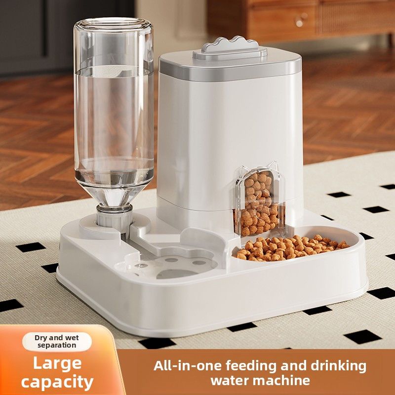 Automatic Pet Feeder and Water Dispenser Combo, 7-Day Capacity for Cats and Small Dogs, Self-Refilling Water Bowl with Gravity Flow, No Battery Needed, Modern White Design with Sturdy Base (Pink)