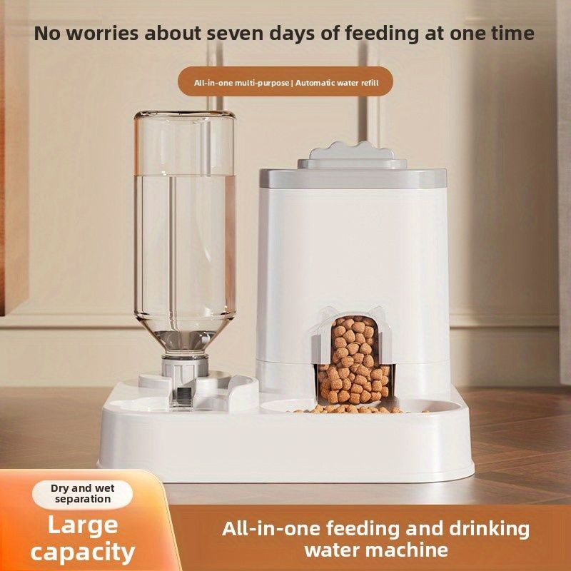 Automatic Pet Feeder and Water Dispenser Combo, 7-Day Capacity for Cats and Small Dogs, Self-Refilling Water Bowl with Gravity Flow, No Battery Needed, Modern White Design with Sturdy Base (Pink)