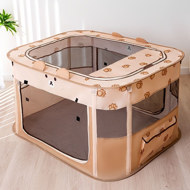 Foldable Pet Playpen with Zippered Top, Portable Cat Whelping Box & Puppy Kennel for Indoor/Outdoor Use, Easy Assembly, Multi-Functional Tent for Small Pets (Brown-L)