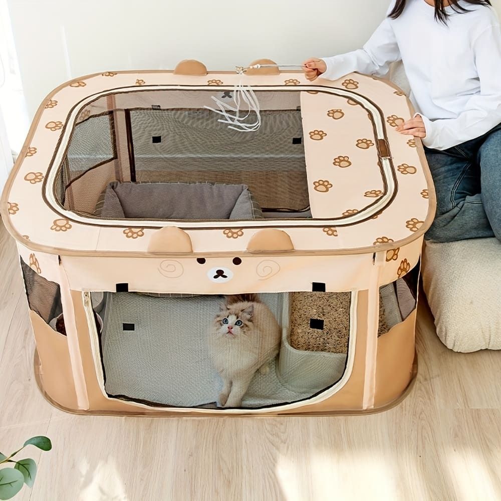 Foldable Pet Playpen with Zippered Top, Portable Cat Whelping Box & Puppy Kennel for Indoor/Outdoor Use, Easy Assembly, Multi-Functional Tent for Small Pets (Brown-L)