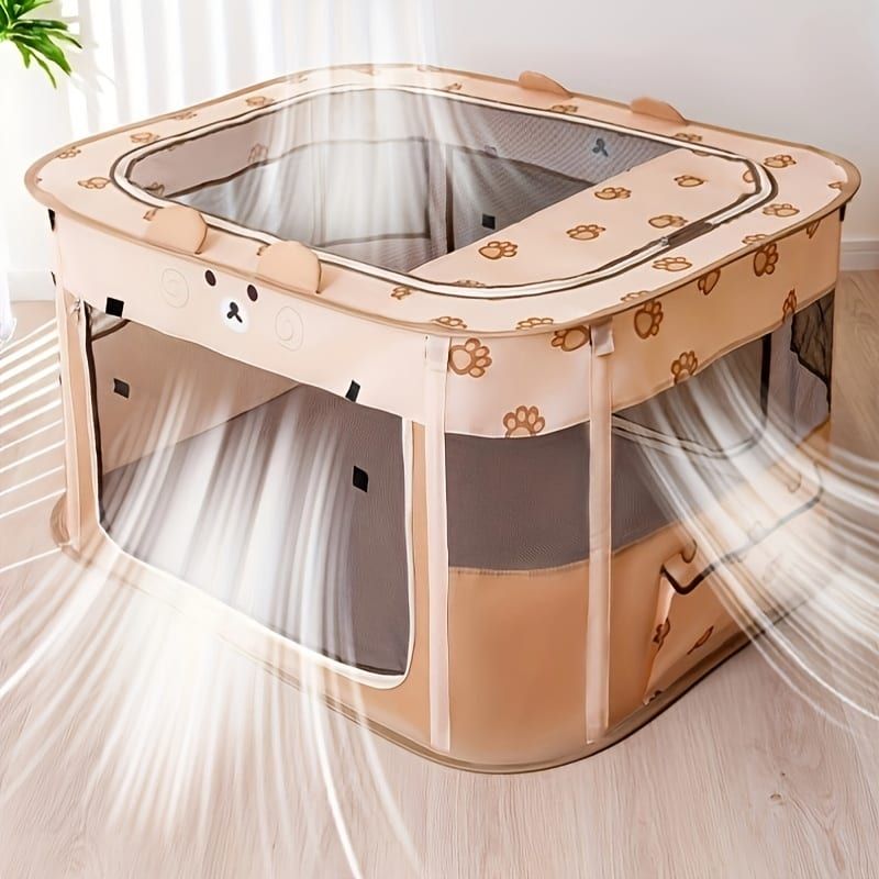 Foldable Pet Playpen with Zippered Top, Portable Cat Whelping Box & Puppy Kennel for Indoor/Outdoor Use, Easy Assembly, Multi-Functional Tent for Small Pets (Brown-L)