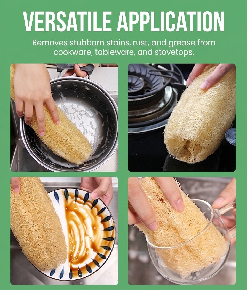 Natural Long Loofah Sponge for Kitchen Cleaning, Non-Stick Dish Scrubber, Eco-Friendly Plant Fiber Scouring Pad with Hanging Rope, Versatile for Pots, Pans, and Cookware (L, Shrink)