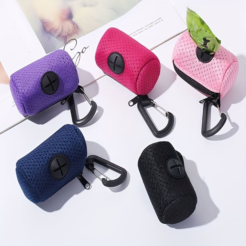 Portable Poop Bag Holder Dispenser for Dog Walking – Mesh Roll Bag Storage Case with Carabiner Clip, Easy One-Hand Pull for Outdoor Pet Waste Cleanup (Navy)