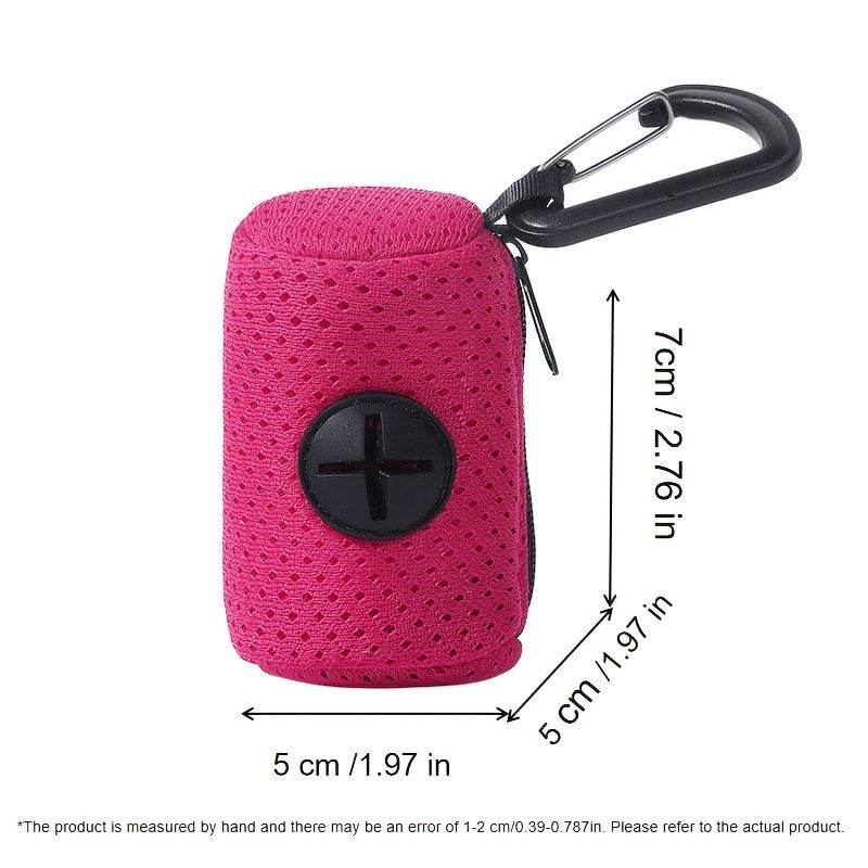 Portable Poop Bag Holder Dispenser for Dog Walking – Mesh Roll Bag Storage Case with Carabiner Clip, Easy One-Hand Pull for Outdoor Pet Waste Cleanup (Pink)