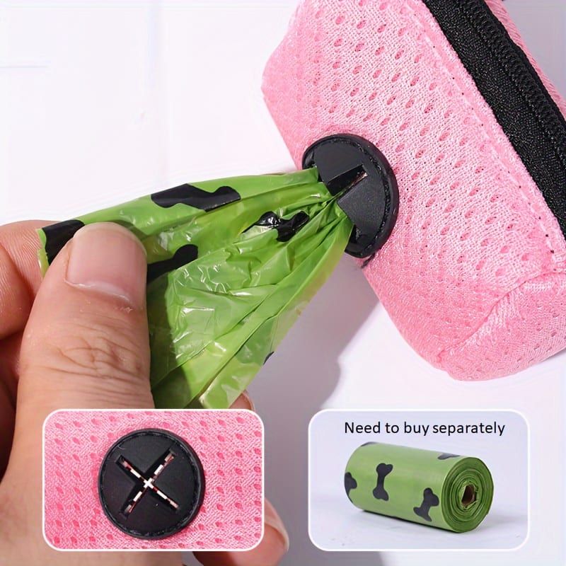 Portable Poop Bag Holder Dispenser for Dog Walking – Mesh Roll Bag Storage Case with Carabiner Clip, Easy One-Hand Pull for Outdoor Pet Waste Cleanup (Pink)