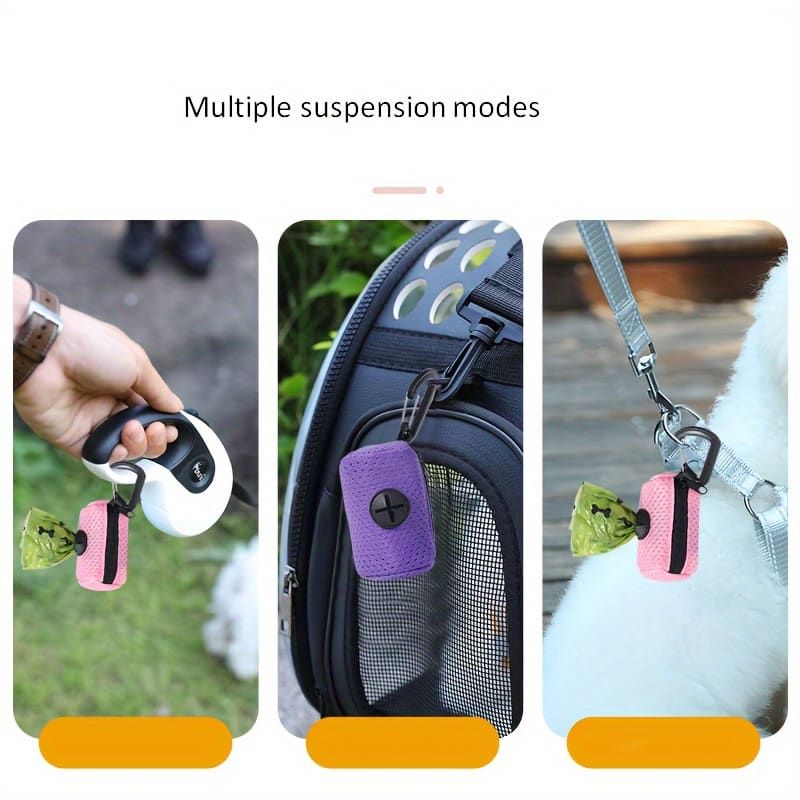 Portable Poop Bag Holder Dispenser for Dog Walking – Mesh Roll Bag Storage Case with Carabiner Clip, Easy One-Hand Pull for Outdoor Pet Waste Cleanup (Pink)
