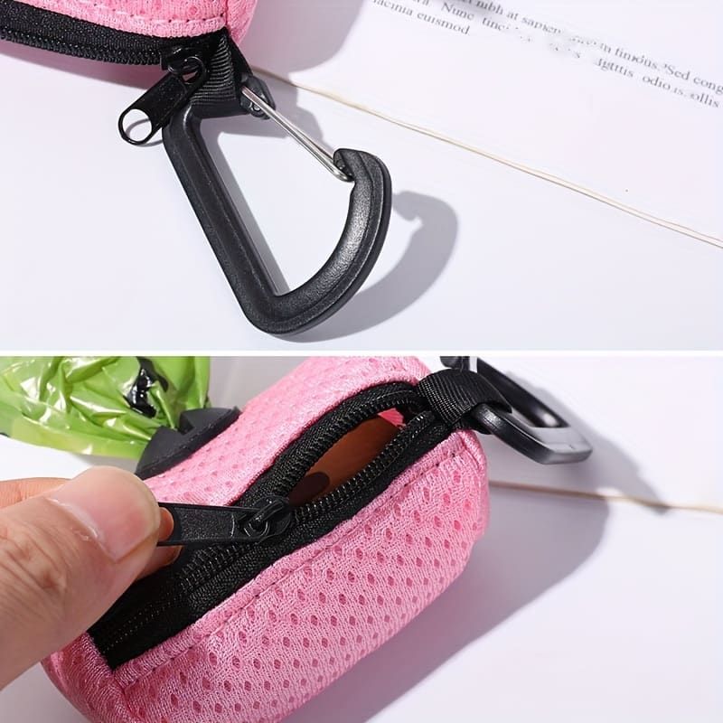 Portable Poop Bag Holder Dispenser for Dog Walking – Mesh Roll Bag Storage Case with Carabiner Clip, Easy One-Hand Pull for Outdoor Pet Waste Cleanup (Pink)