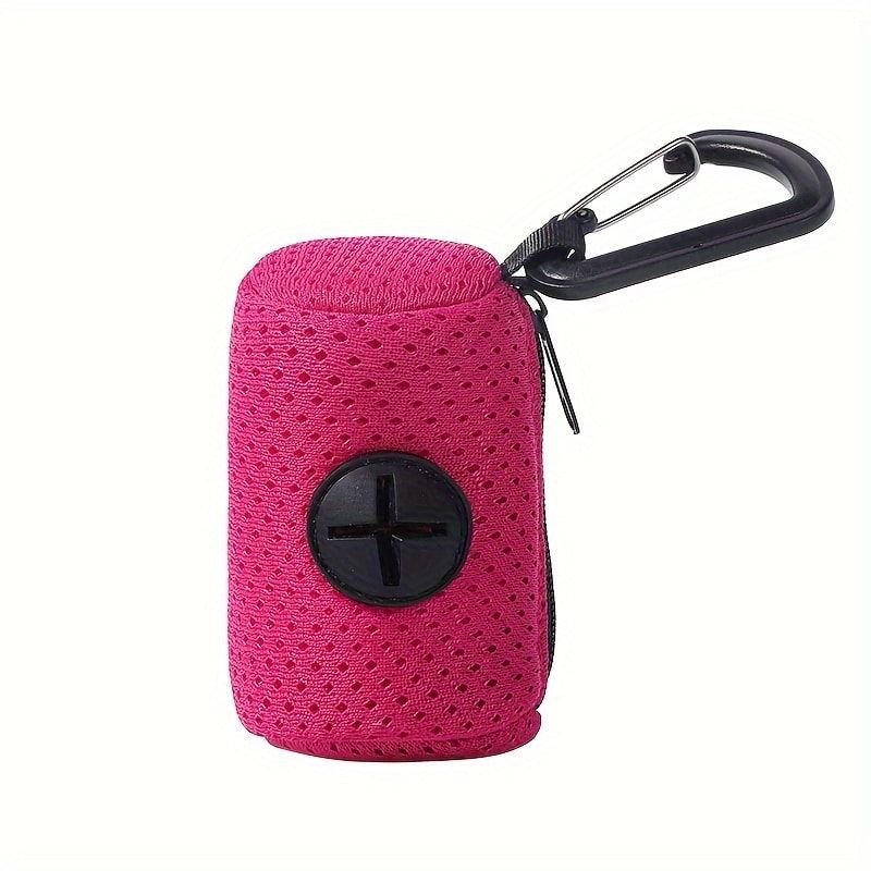 Portable Poop Bag Holder Dispenser for Dog Walking – Mesh Roll Bag Storage Case with Carabiner Clip, Easy One-Hand Pull for Outdoor Pet Waste Cleanup (Pink)