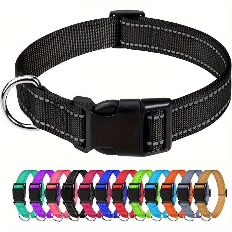 Reflective Dog Collar with Adjustable Nylon Webbing – Safe & Visible Pet Gear for Walks, Outdoor Adventures, and Nighttime Visibility (L, Pink)