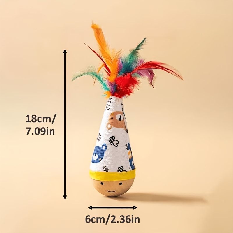 Interactive Wobble Cat Toy with Feathers and Wooden Base – Durable, Self-Righting Design for Endless Play, Exercise, and Entertainment for All Cat Breeds and Sizes (Feather, Red)