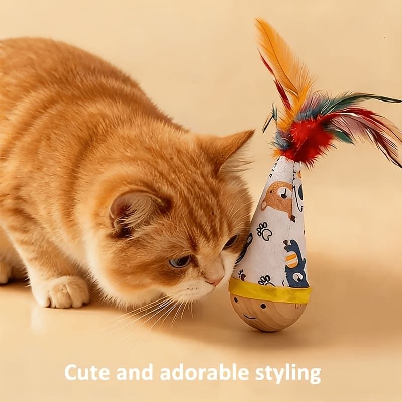 Interactive Wobble Cat Toy with Feathers and Wooden Base – Durable, Self-Righting Design for Endless Play, Exercise, and Entertainment for All Cat Breeds and Sizes (NoFeather, Purple)