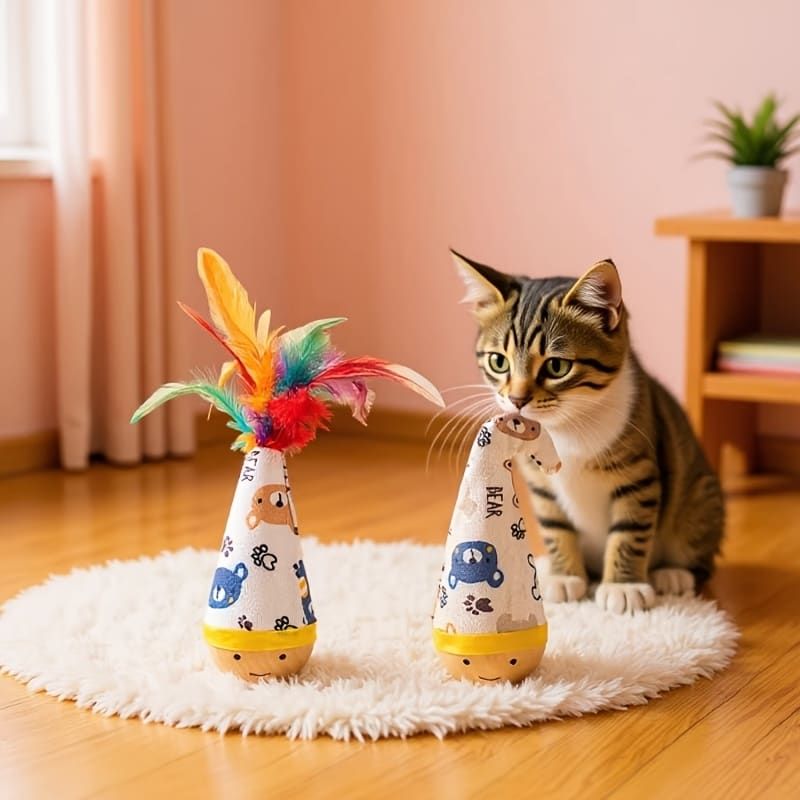 Interactive Wobble Cat Toy with Feathers and Wooden Base – Durable, Self-Righting Design for Endless Play, Exercise, and Entertainment for All Cat Breeds and Sizes (NoFeather, White)