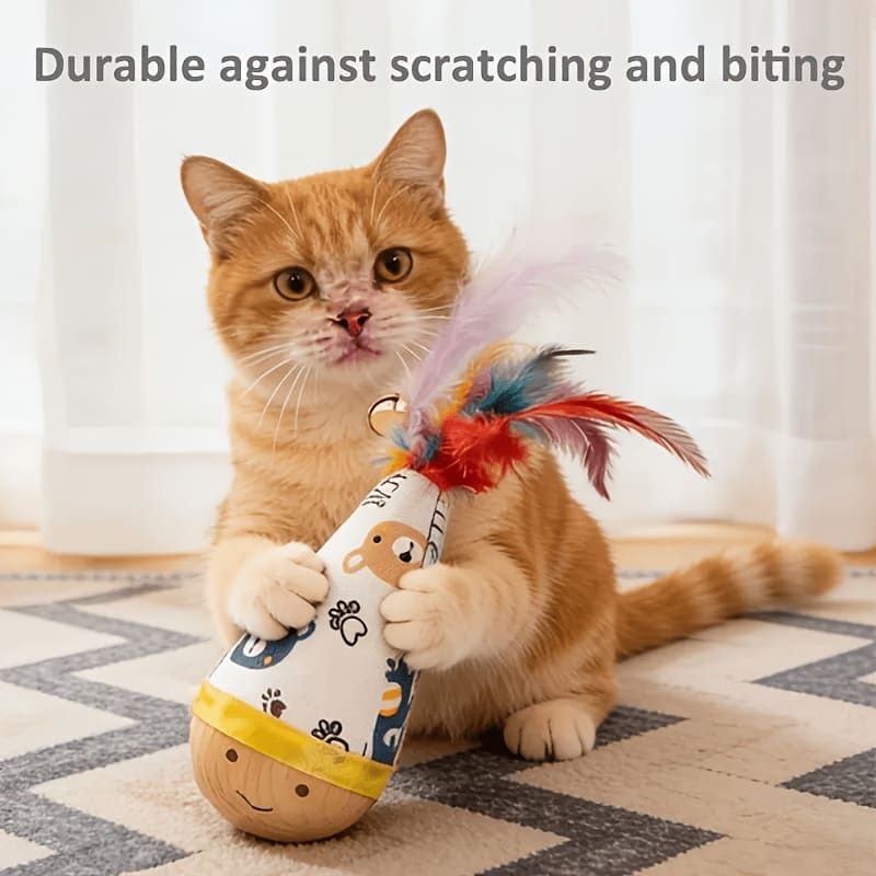 Interactive Wobble Cat Toy with Feathers and Wooden Base – Durable, Self-Righting Design for Endless Play, Exercise, and Entertainment for All Cat Breeds and Sizes (NoFeather, White)