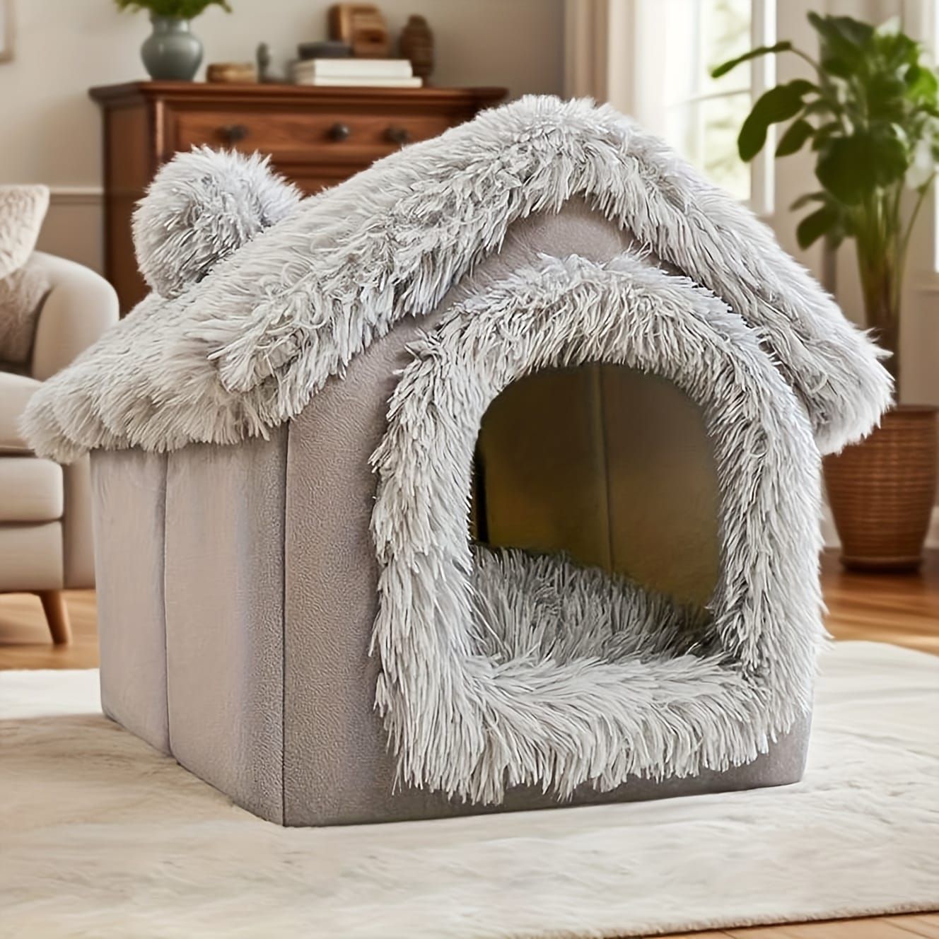 Plush Pet House with Detachable Cushion – Cozy, Warm, and Stylish Indoor Cat or Small Dog Bed – Soft Faux Fur Hideaway with Doorway – Perfect for Year-Round Comfort and Relaxation (L, Brown)