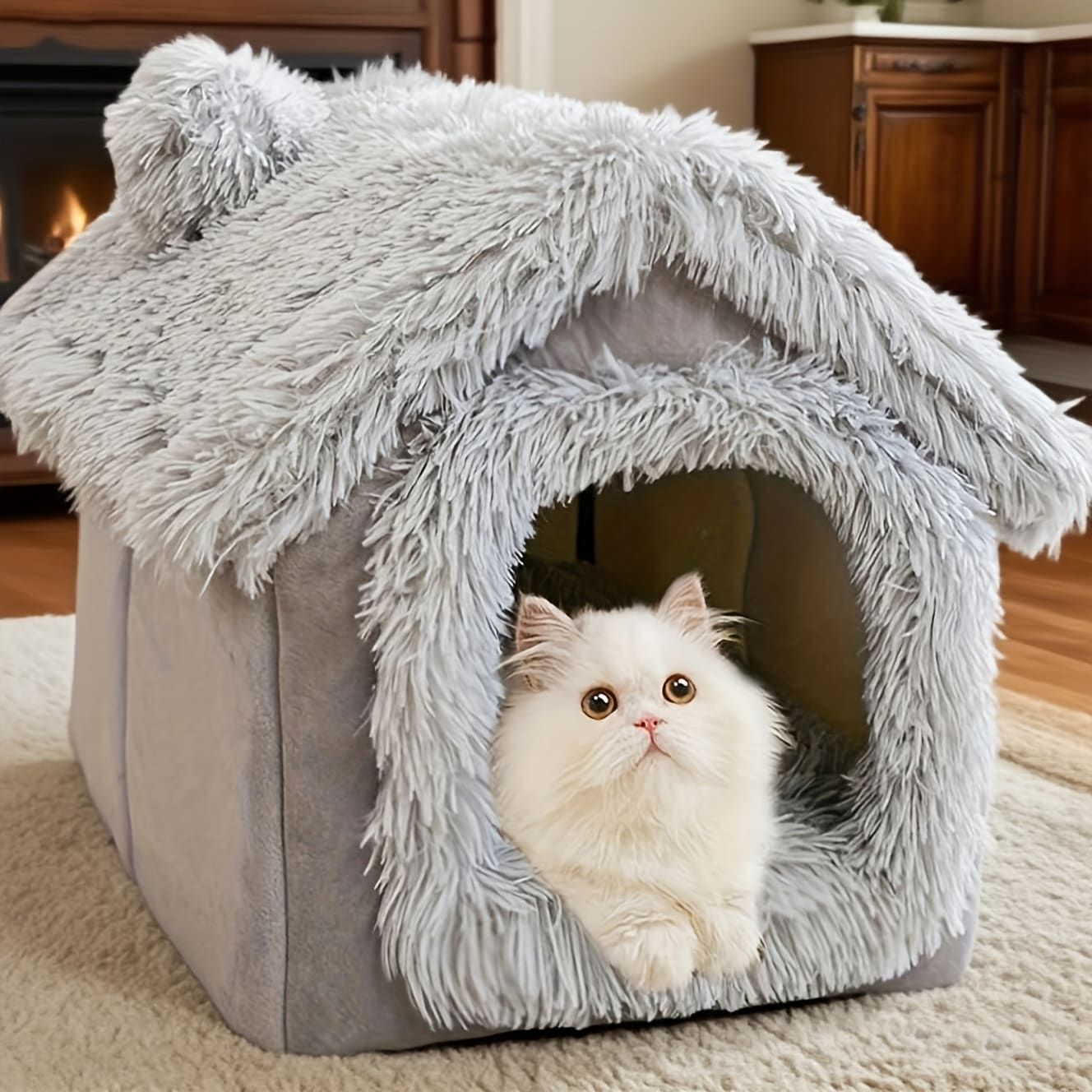 Plush Pet House with Detachable Cushion – Cozy, Warm, and Stylish Indoor Cat or Small Dog Bed – Soft Faux Fur Hideaway with Doorway – Perfect for Year-Round Comfort and Relaxation (L, Grey)