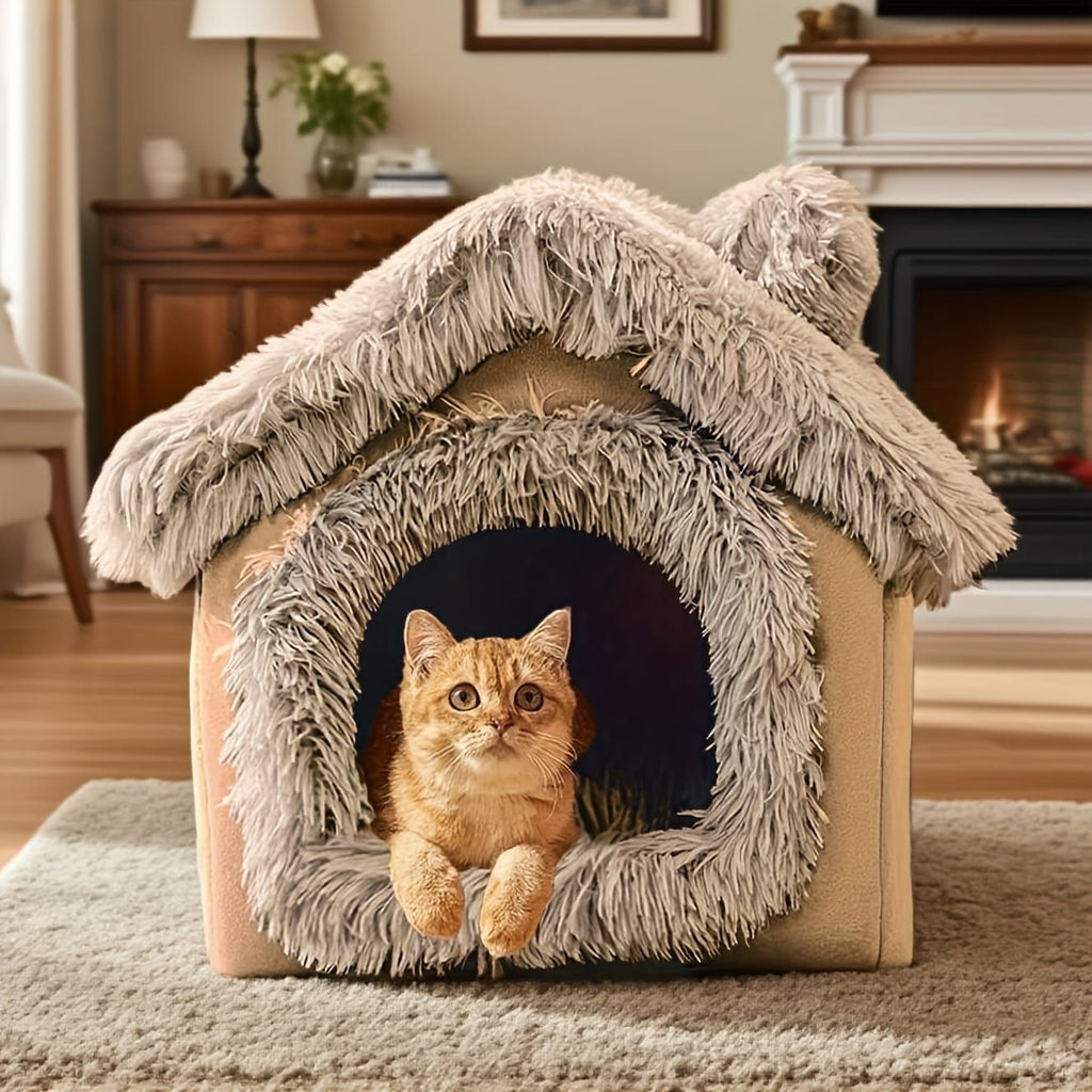 Plush Pet House with Detachable Cushion – Cozy, Warm, and Stylish Indoor Cat or Small Dog Bed – Soft Faux Fur Hideaway with Doorway – Perfect for Year-Round Comfort and Relaxation (L, Grey)