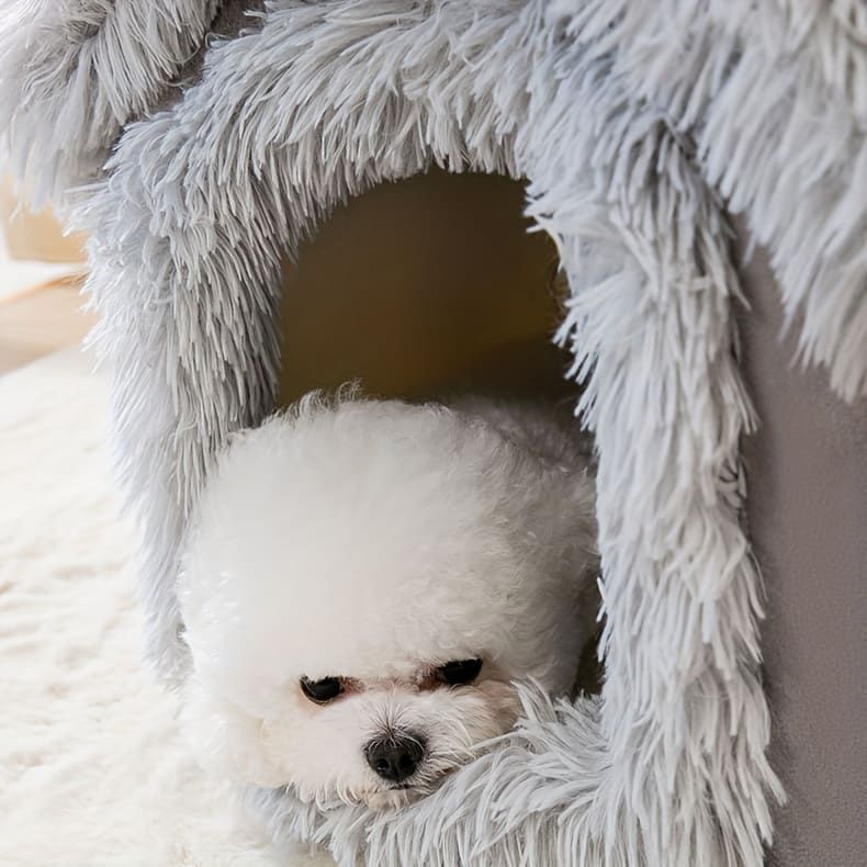 Plush Pet House with Detachable Cushion – Cozy, Warm, and Stylish Indoor Cat or Small Dog Bed – Soft Faux Fur Hideaway with Doorway – Perfect for Year-Round Comfort and Relaxation (L, Grey)