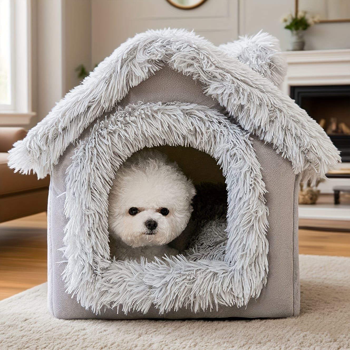 Plush Pet House with Detachable Cushion – Cozy, Warm, and Stylish Indoor Cat or Small Dog Bed – Soft Faux Fur Hideaway with Doorway – Perfect for Year-Round Comfort and Relaxation (M, Brown)