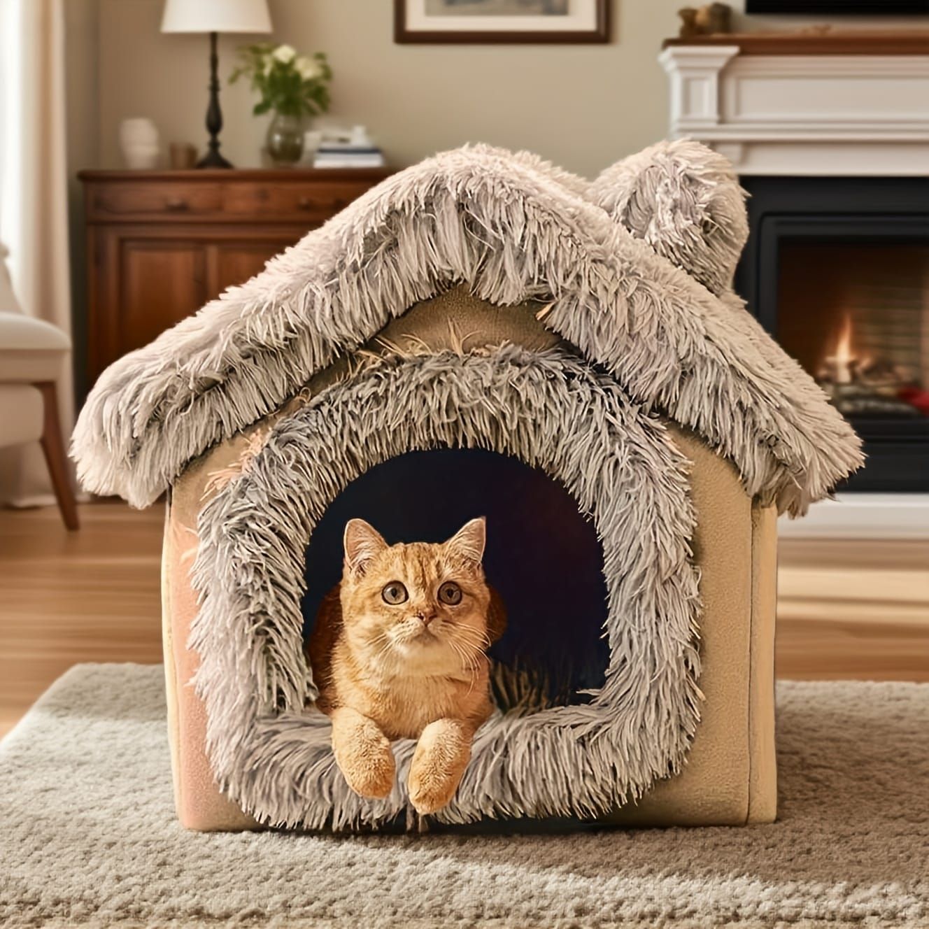 Plush Pet House with Detachable Cushion – Cozy, Warm, and Stylish Indoor Cat or Small Dog Bed – Soft Faux Fur Hideaway with Doorway – Perfect for Year-Round Comfort and Relaxation (M, Grey)