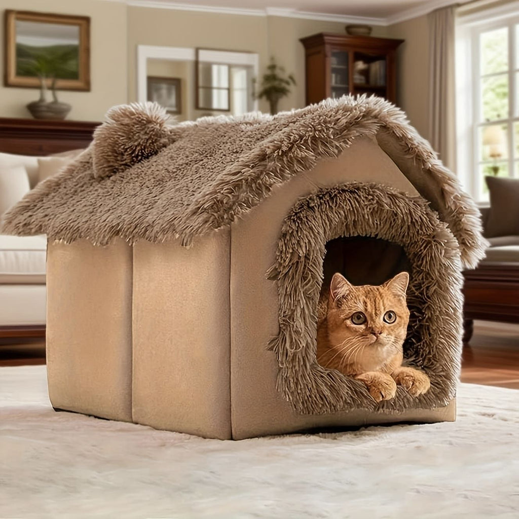Plush Pet House with Detachable Cushion – Cozy, Warm, and Stylish Indoor Cat or Small Dog Bed – Soft Faux Fur Hideaway with Doorway – Perfect for Year-Round Comfort and Relaxation (S, Brown)