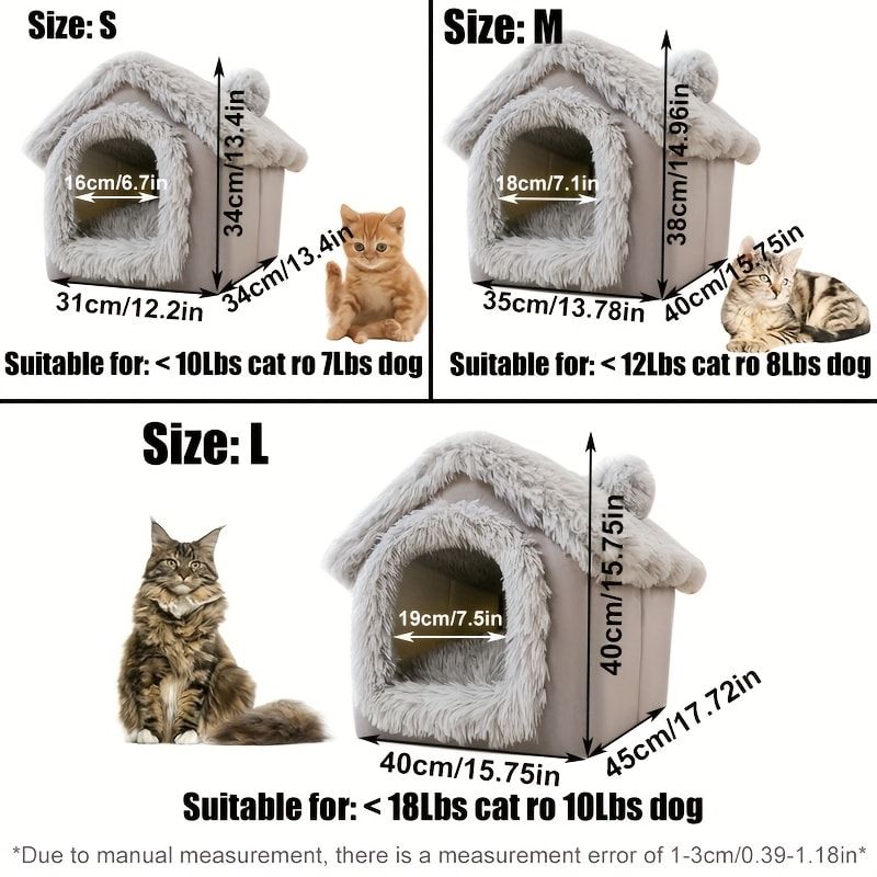 Plush Pet House with Detachable Cushion – Cozy, Warm, and Stylish Indoor Cat or Small Dog Bed – Soft Faux Fur Hideaway with Doorway – Perfect for Year-Round Comfort and Relaxation (S, Grey)