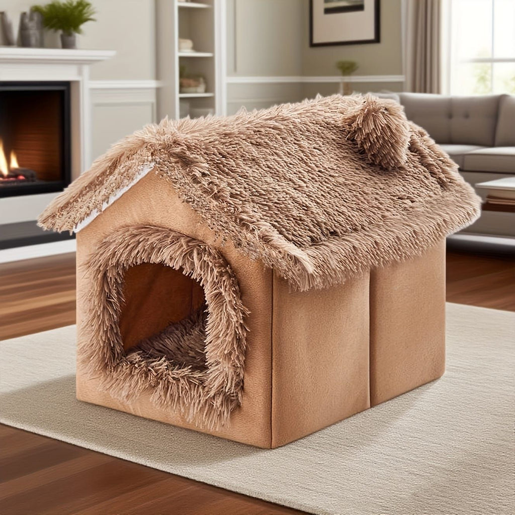 Plush Pet House with Detachable Cushion – Cozy, Warm, and Stylish Indoor Cat or Small Dog Bed – Soft Faux Fur Hideaway with Doorway – Perfect for Year-Round Comfort and Relaxation (S, Grey)