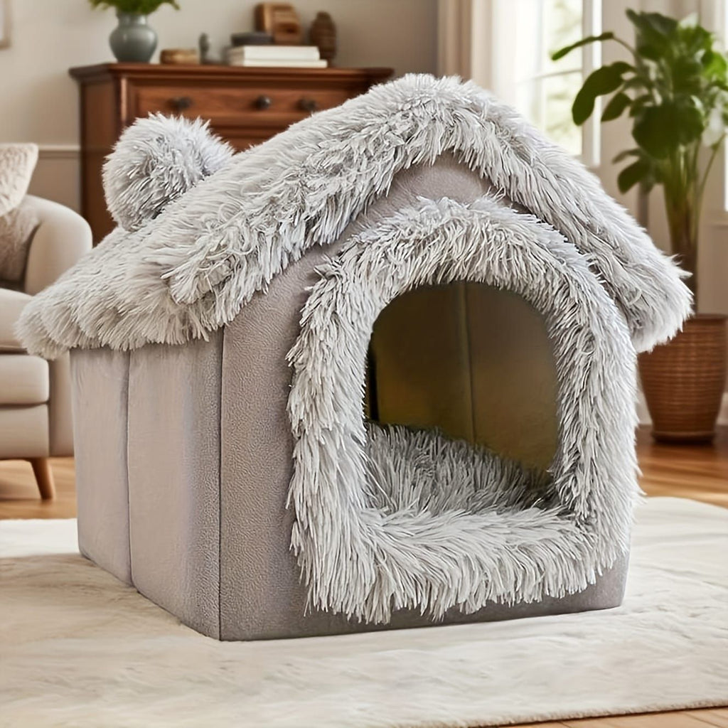 Plush Pet House with Detachable Cushion – Cozy, Warm, and Stylish Indoor Cat or Small Dog Bed – Soft Faux Fur Hideaway with Doorway – Perfect for Year-Round Comfort and Relaxation (S, Grey)