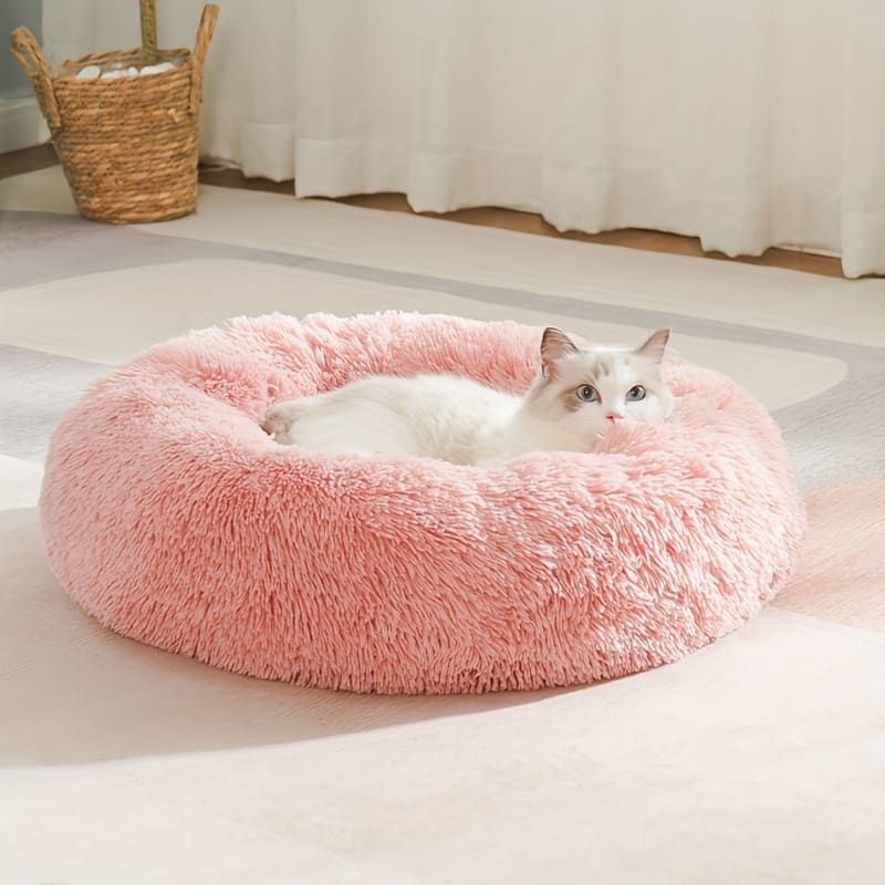 Plush Pet Nest Soft Donut Cat Bed – Cozy Round Couch for Cats and Small Dogs, Comfortable Sleeping Spot for Warmth and Deep Sleep, Suitable for Indoor Home Use (L, Grey)
