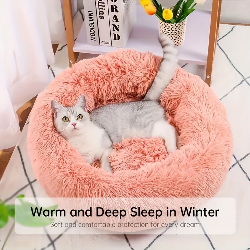 Plush Pet Nest Soft Donut Cat Bed – Cozy Round Couch for Cats and Small Dogs, Comfortable Sleeping Spot for Warmth and Deep Sleep, Suitable for Indoor Home Use (S, White)