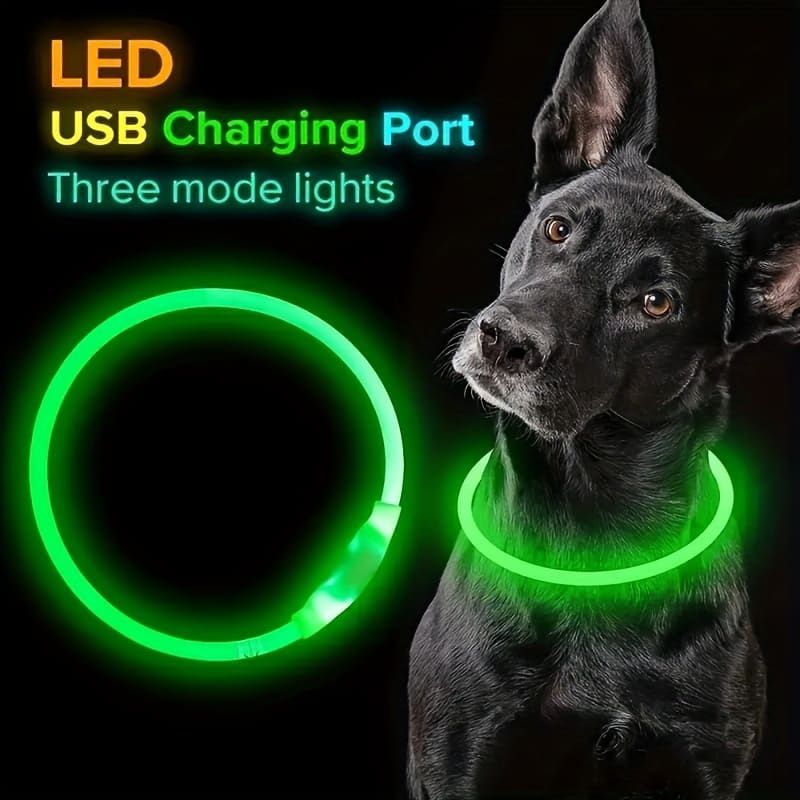 USB Rechargeable LED Glow Pet Collar, Soft Silicone Night Safety Dog & Cat Collar with 6 Colors, 3 Modes, Adjustable Length for Small, Medium, Large Pets, Ideal for Evening Walks and Outdoor Visibility (L, Green)