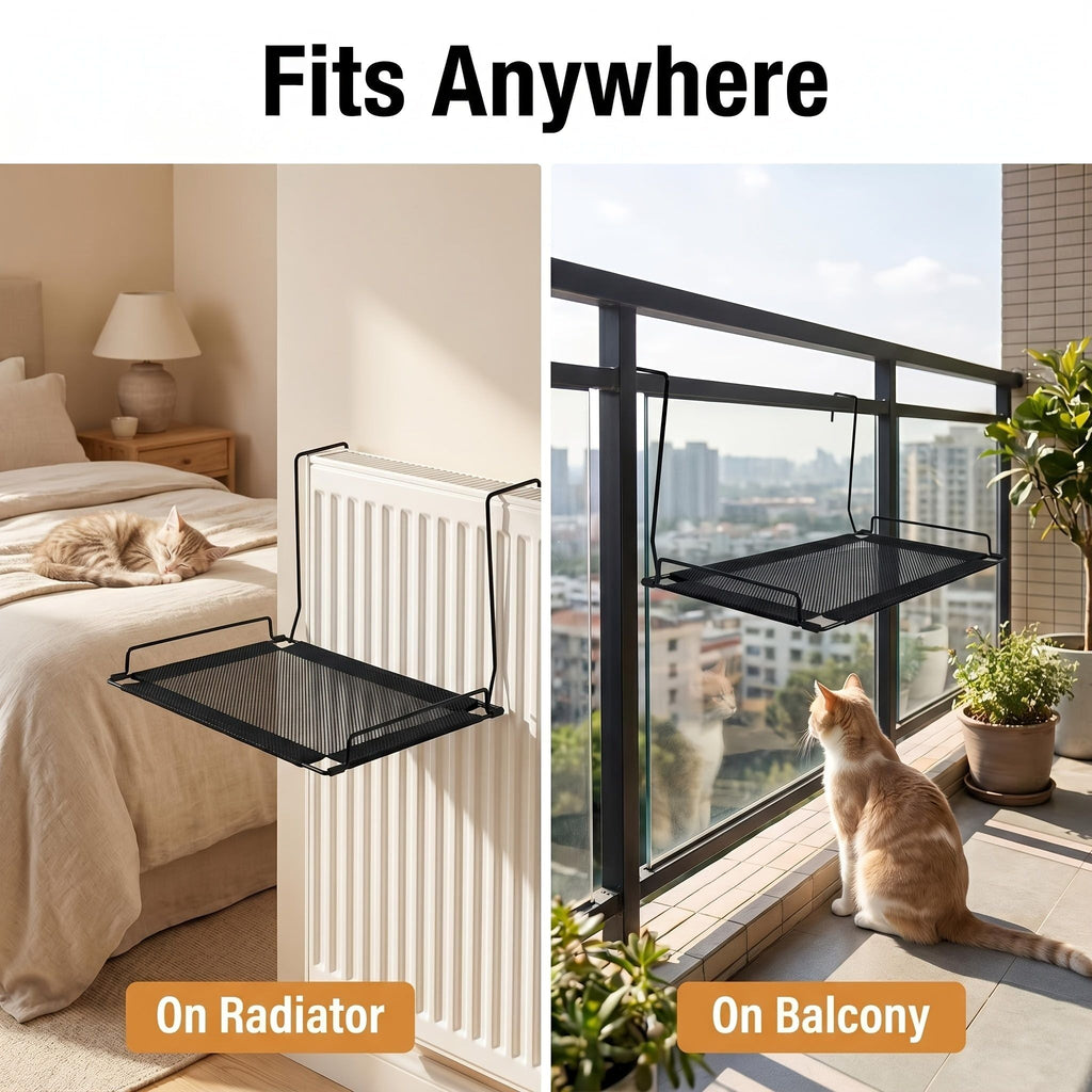 Hanging Cat Hammock for Radiator, Window, Balcony & Shelf – No-Drill Pet Bed with Breathable Mesh, Sturdy Metal Frame, and Raised Edges for Secure Lounging (Black)