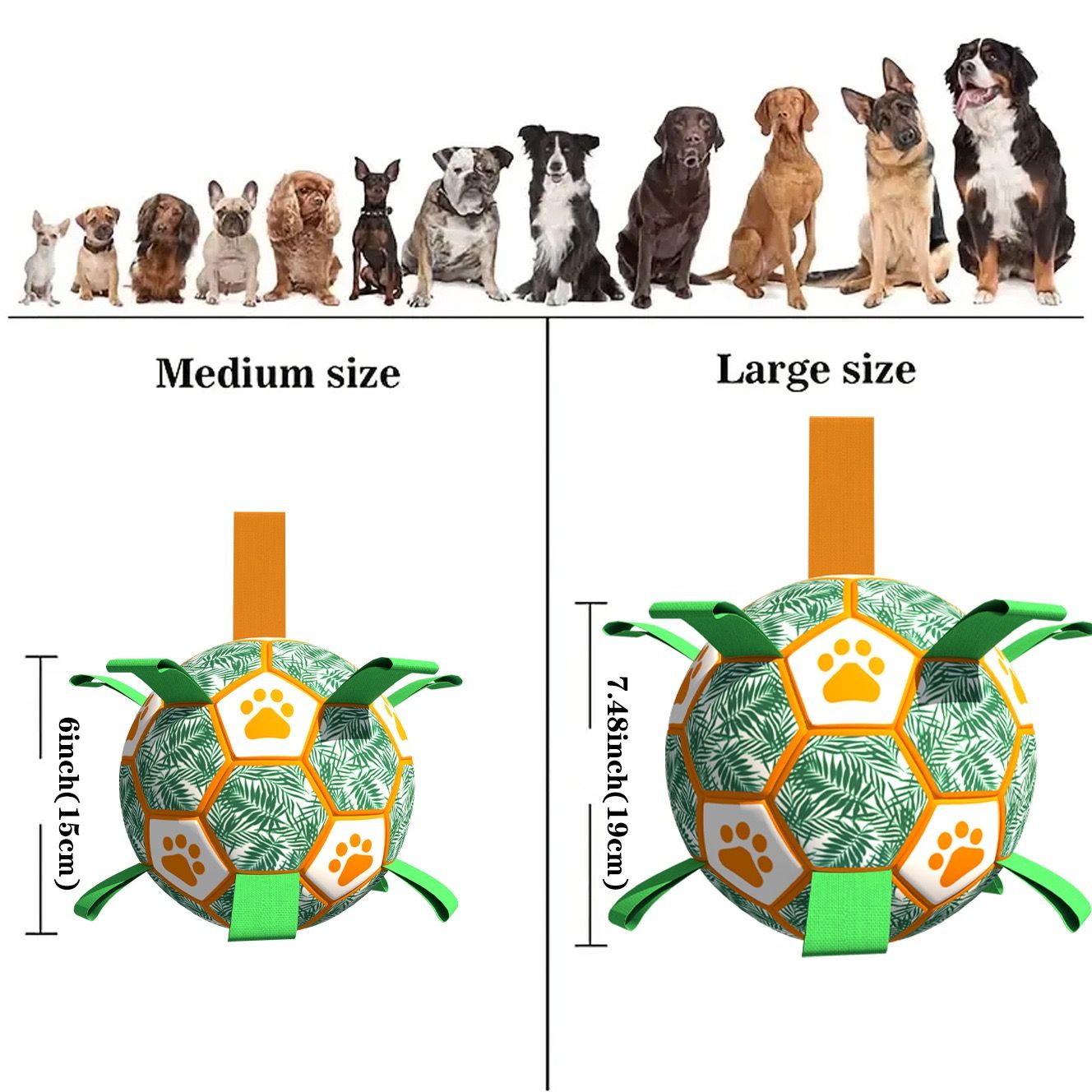 Interactive Dog Soccer Ball Toy with Bite-Resistant PU Surface and Durable Nylon Straps for Fetch, Tug, and Play in Indoor or Outdoor Settings (S)