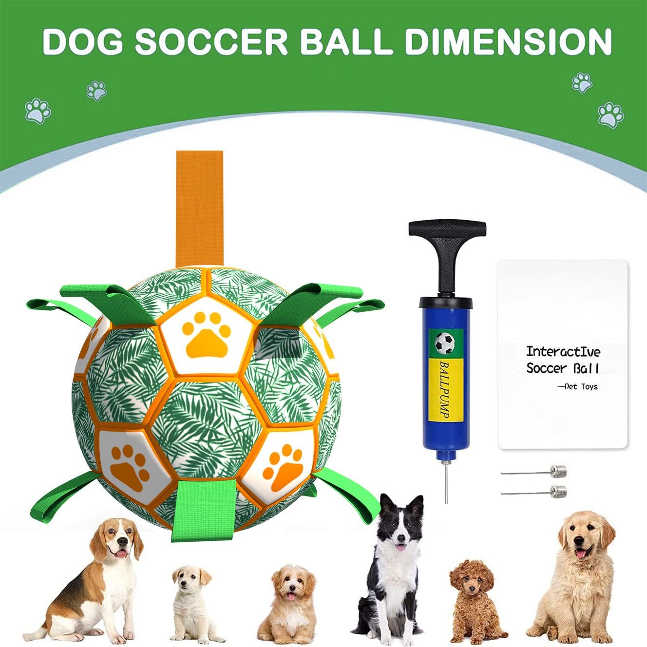 Interactive Dog Soccer Ball Toy with Bite-Resistant PU Surface and Durable Nylon Straps for Fetch, Tug, and Play in Indoor or Outdoor Settings (S)
