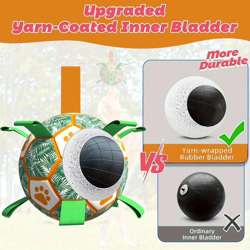 Interactive Dog Soccer Ball Toy with Bite-Resistant PU Surface and Durable Nylon Straps for Fetch, Tug, and Play in Indoor or Outdoor Settings (S)
