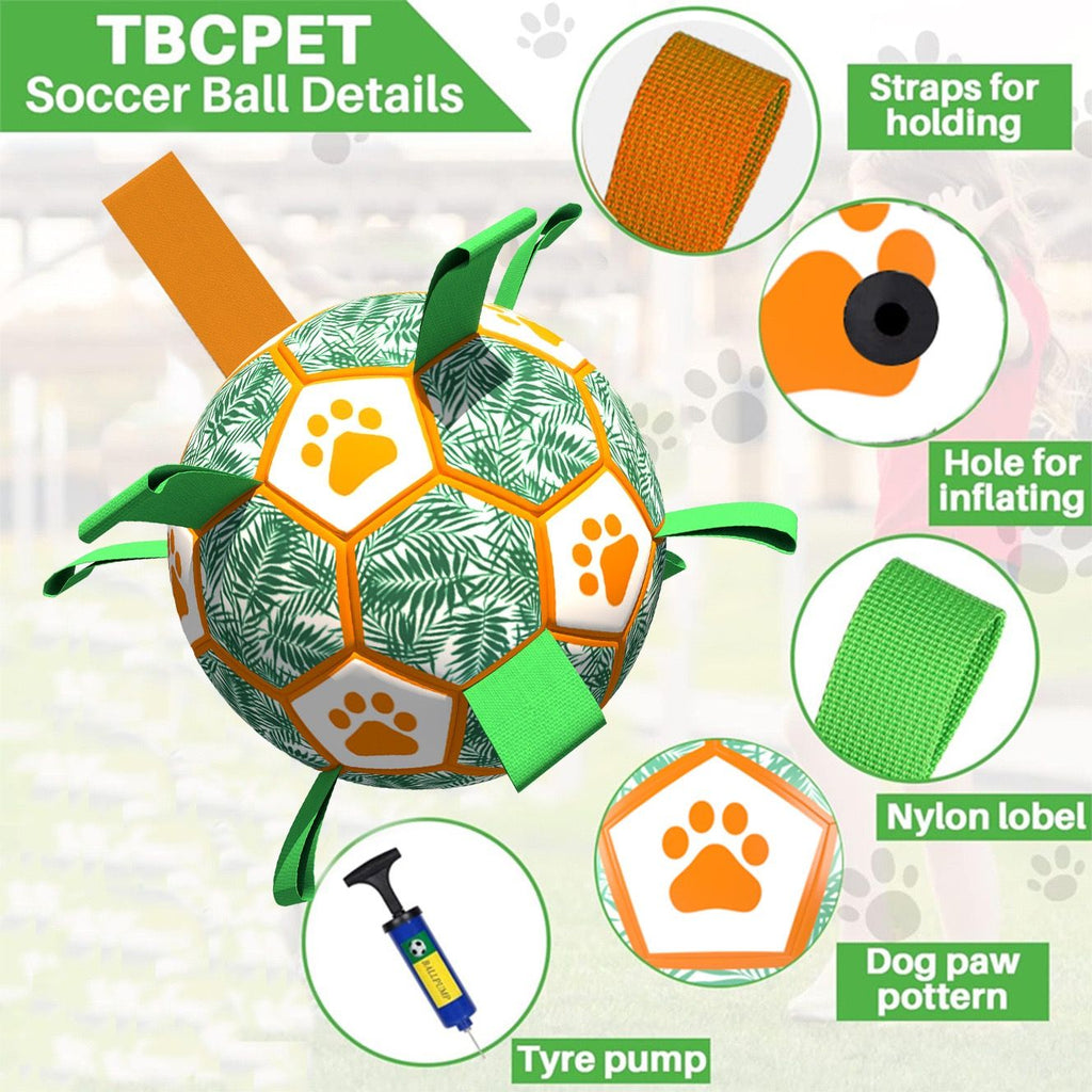 Interactive Dog Soccer Ball Toy with Bite-Resistant PU Surface and Durable Nylon Straps for Fetch, Tug, and Play in Indoor or Outdoor Settings (S)