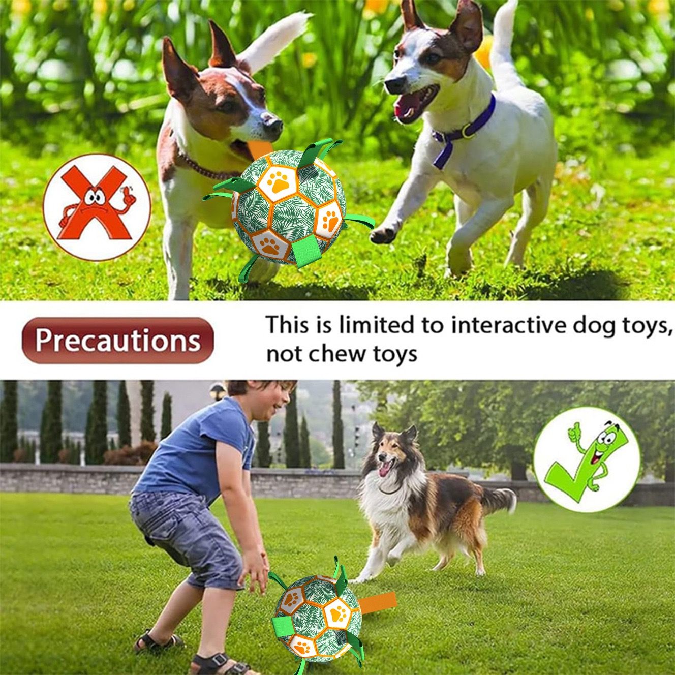 Interactive Dog Soccer Ball Toy with Bite-Resistant PU Surface and Durable Nylon Straps for Fetch, Tug, and Play in Indoor or Outdoor Settings (S)
