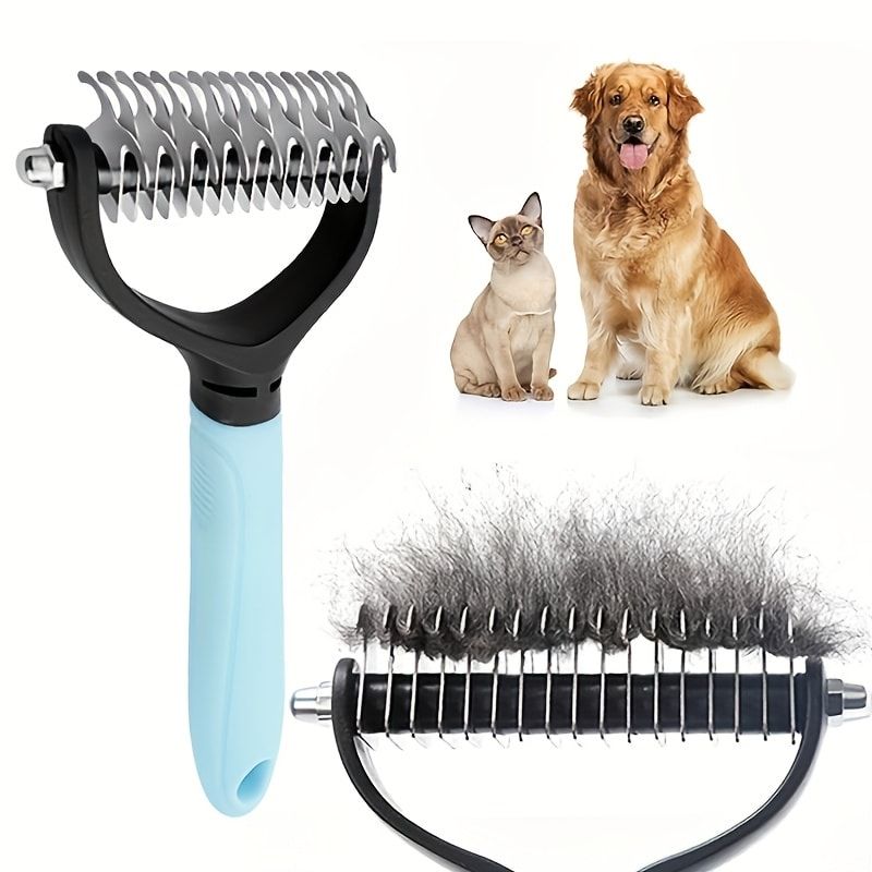 Professional Pet Dematting Comb for Dogs and Cats - Stainless Steel Grooming Tool for Removing Tangles, Mats, and Loose Undercoat Hair, Ideal for Long-Haired and Thick-Coated Breeds - L - Sky Blue