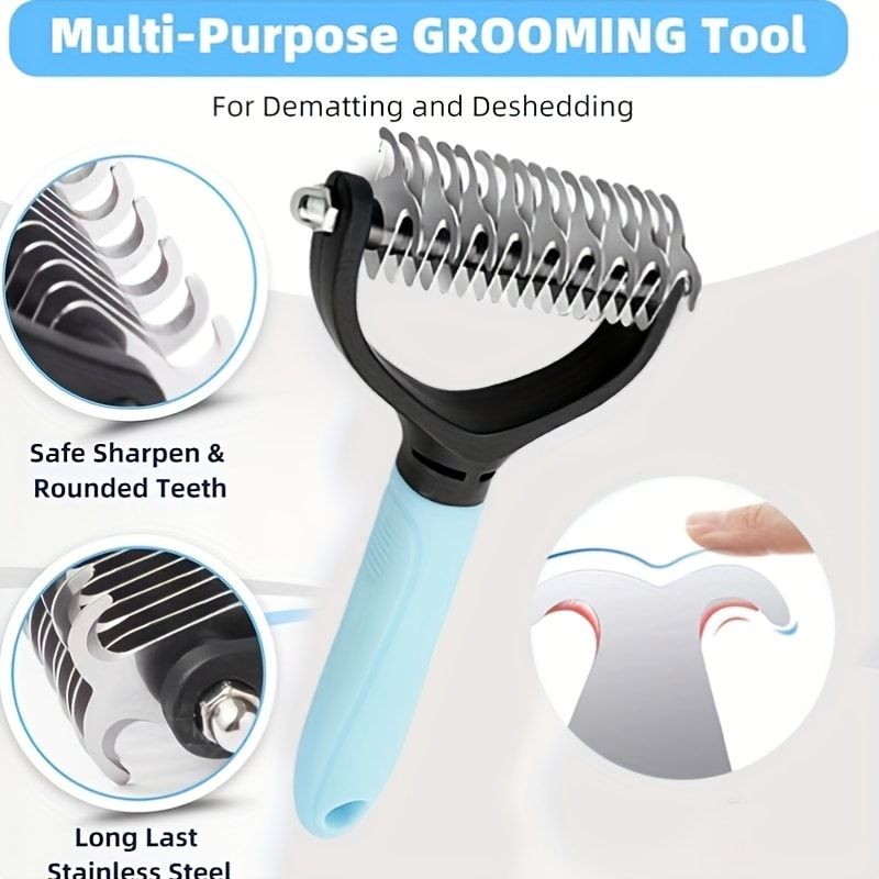 Professional Pet Dematting Comb for Dogs and Cats - Stainless Steel Grooming Tool for Removing Tangles, Mats, and Loose Undercoat Hair, Ideal for Long-Haired and Thick-Coated Breeds - S - Sky Blue