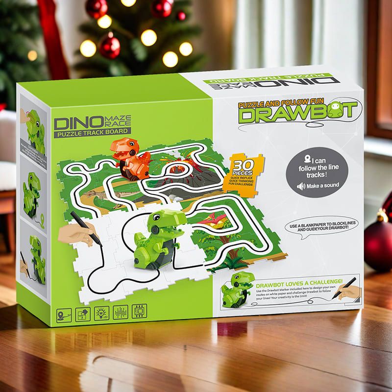 Dinosaur Maze Racing Toy Set for Kids Ages 3+ – Track Puzzle Assembly with Two Q-Style T-Rex Cars, Line-Following Sensors, and Drawing Pen for Interactive Play and Cognitive Development (Orange)