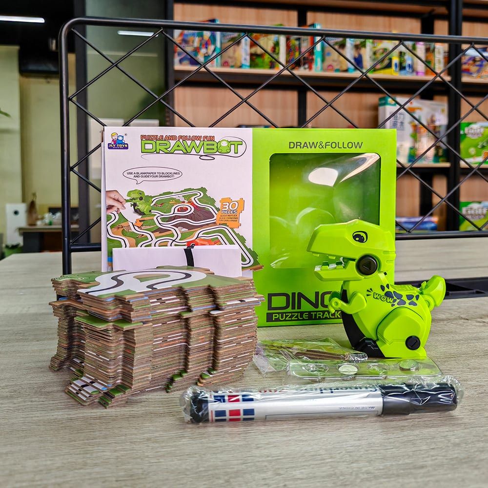 Dinosaur Maze Racing Toy Set for Kids Ages 3+ – Track Puzzle Assembly with Two Q-Style T-Rex Cars, Line-Following Sensors, and Drawing Pen for Interactive Play and Cognitive Development (Orange)